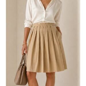 Massimo Dutti Old Money Pleated Midi Skirt Large Tan Raw Hem Academia Preppy
